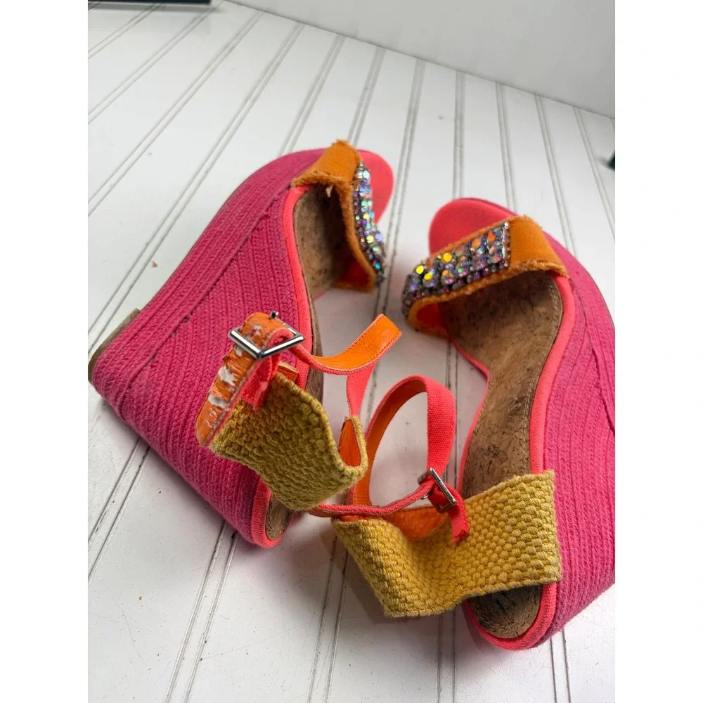 Gianni Bini Vintage Y2K Pink Orange Jeweled Wedge Heel Sandals Women's Size 10M